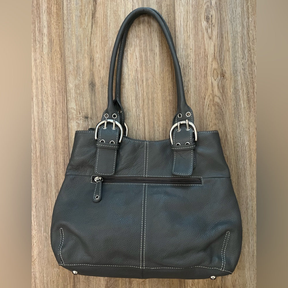 Gray Leather Tignanello Shoulder Bag with Silver Buckles - Picture 3 of 10